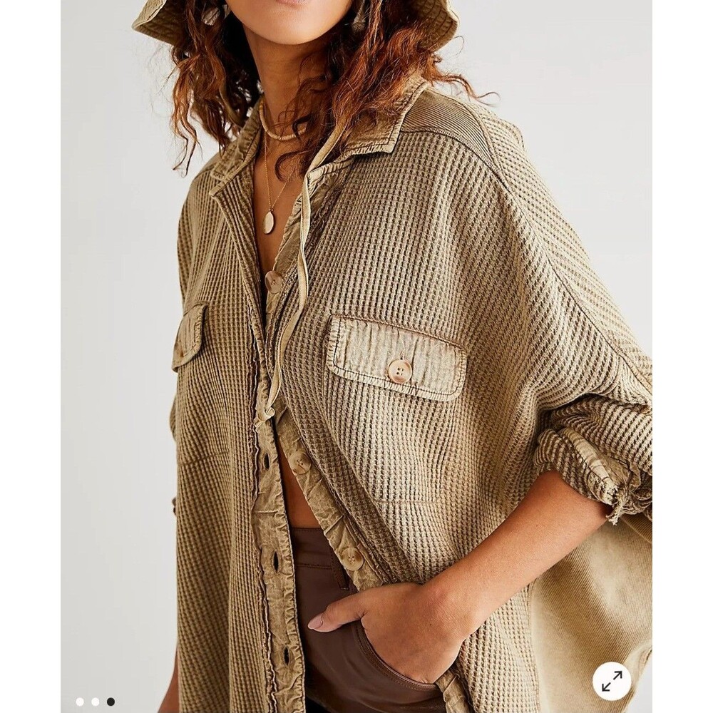 Free People FP One Scout Jacket Olive Green Waffle Knit Shacket Size S/P Petite